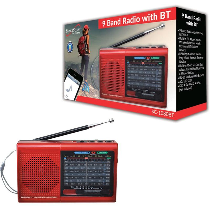 Supersonic SC-1080BT Red Rechargeable 9 Band AM/FM Bluetooth Radio
