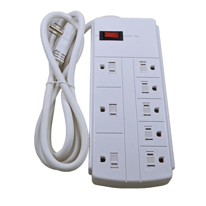 White 8 Outlet Flat Plug Power Strip With Grounded 3 Prong 5 Feet Cord