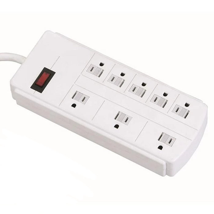 White 8 Outlet Flat Plug Power Strip With Grounded 3 Prong 5 Feet Cord