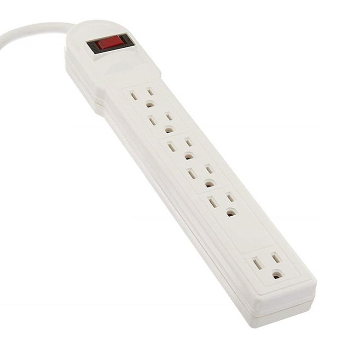 White 6 Outlet Flat Plug Power Strip With Grounded 3 Prong 3 Feet Cord