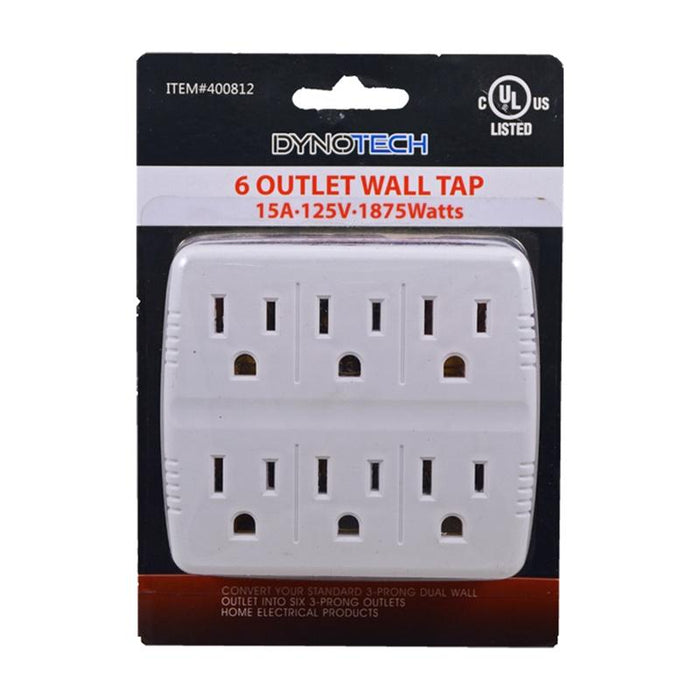 White 6 Outlet Wall Tap Adapter With Grounded Dual 3 Prong AC Plug 15A