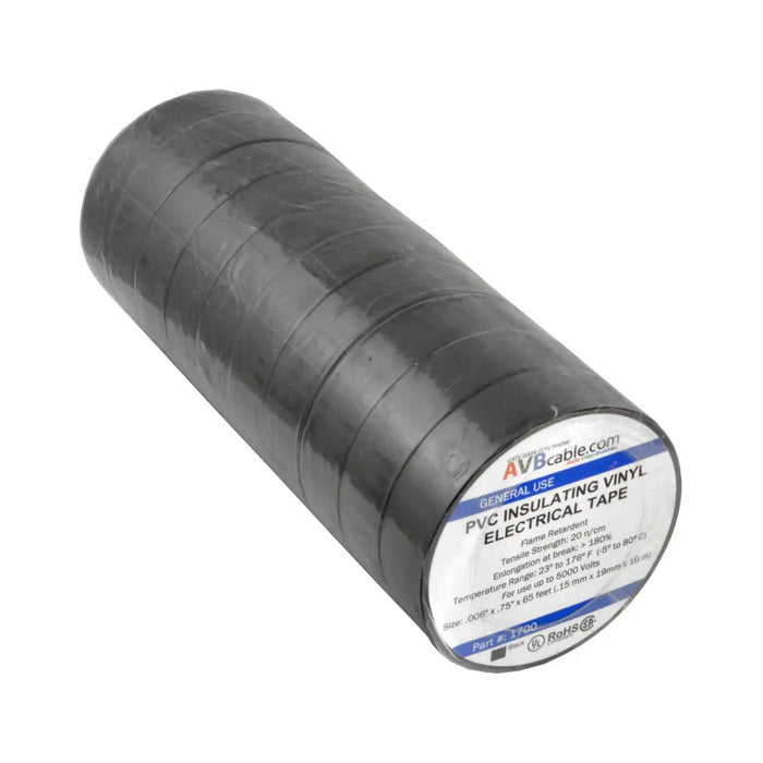 3/4" x 66' General Use PVC Insulating Vinyl Flame Retardant UL Listed Electrical Tape 10 Rolls Black