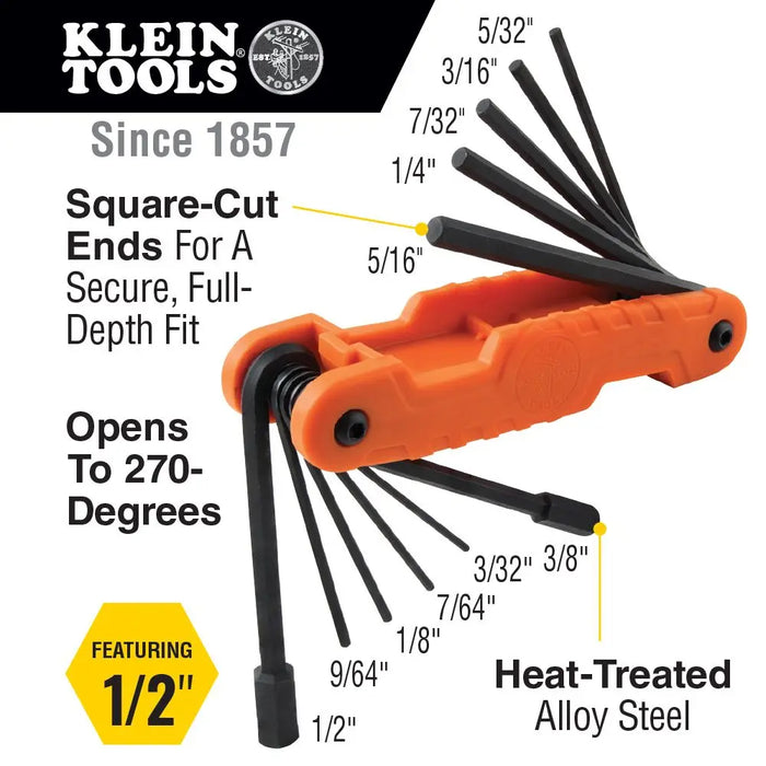 Klein Tools 70550 Pro Folding Hex Key Set SAE Sizes with 11 Extended-Reach Blades