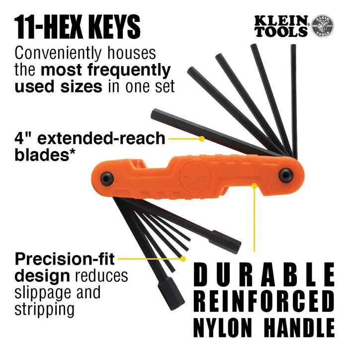 Klein Tools 70550 Pro Folding Hex Key Set SAE Sizes with 11 Extended-Reach Blades