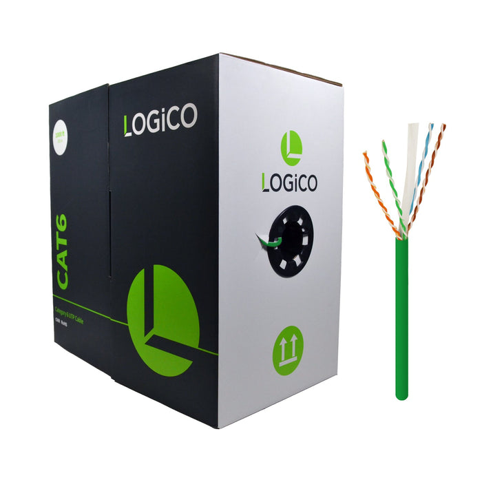 Logico C6EU2805 CAT6 UTP 23 AWG 550Mhz Pure Copper Bulk Ethernet Network Cable Riser Green 1000ft