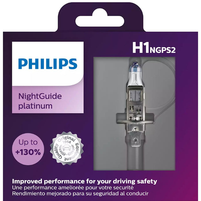 Philips 12258NGPS2 H1 NightGuide Platinum 55W 12V Halogen Car Headlight Bulb (Pack of 2)