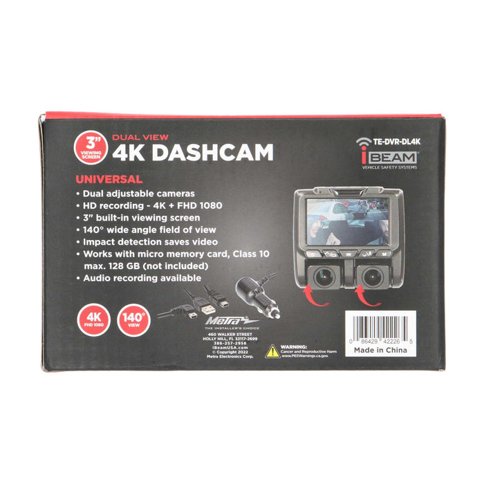 iBeam TE-DVR-DL4K Universal 4K Dual-View Dash Camera With DVR & 3" Viewing Screen