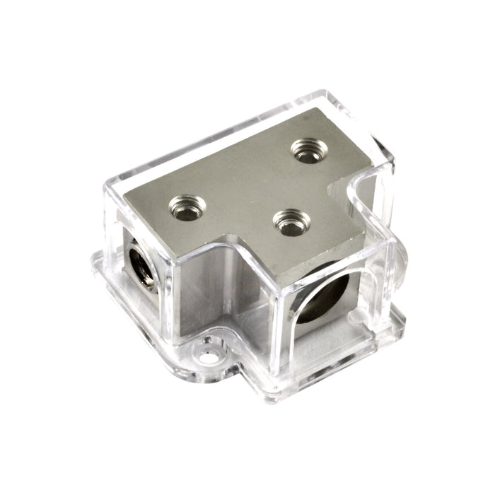 Nickel Plated 4 Gauge Input to 2 x 8 Gauge Output Power or Ground Distribution Block