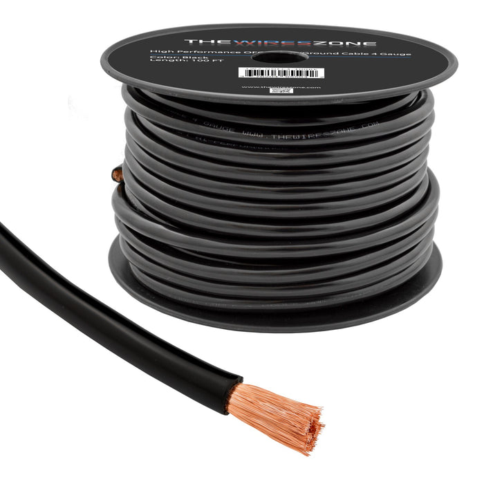 4 Gauge 100ft OFC Power Cable Oxygen-Free Copper Ground Wire (4 AWG Black 100' Spool)