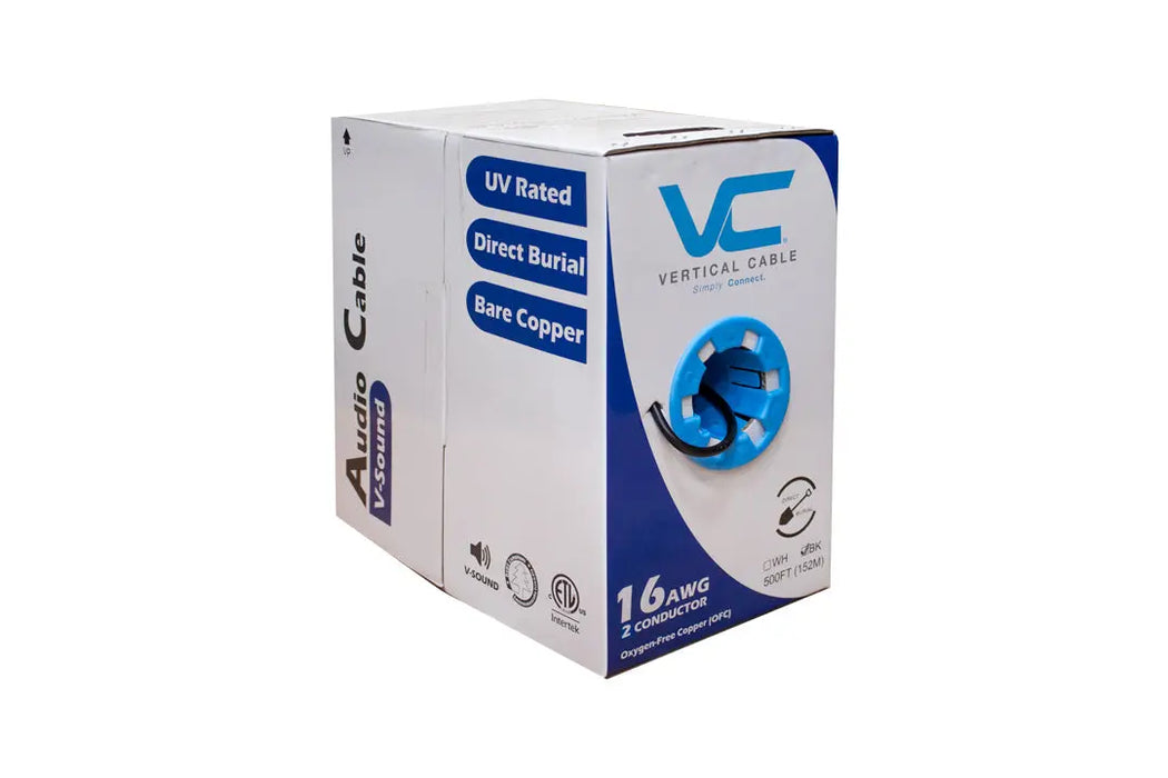 Vertical Cable 16/2 Outdoor Speaker Wire, 500 Ft 65 Strand UV Rated Jacket, Direct Burial Pull Box, Copper
