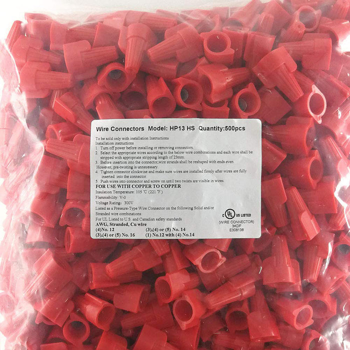 Twist Type Wire Connector Wire Nuts AWG 18-8 Winged UL Listed Red 500 pcs.